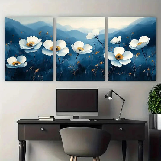 3pcs Serene White Primrose Meadow Blue Toned Metal Print Ready to Hang Art