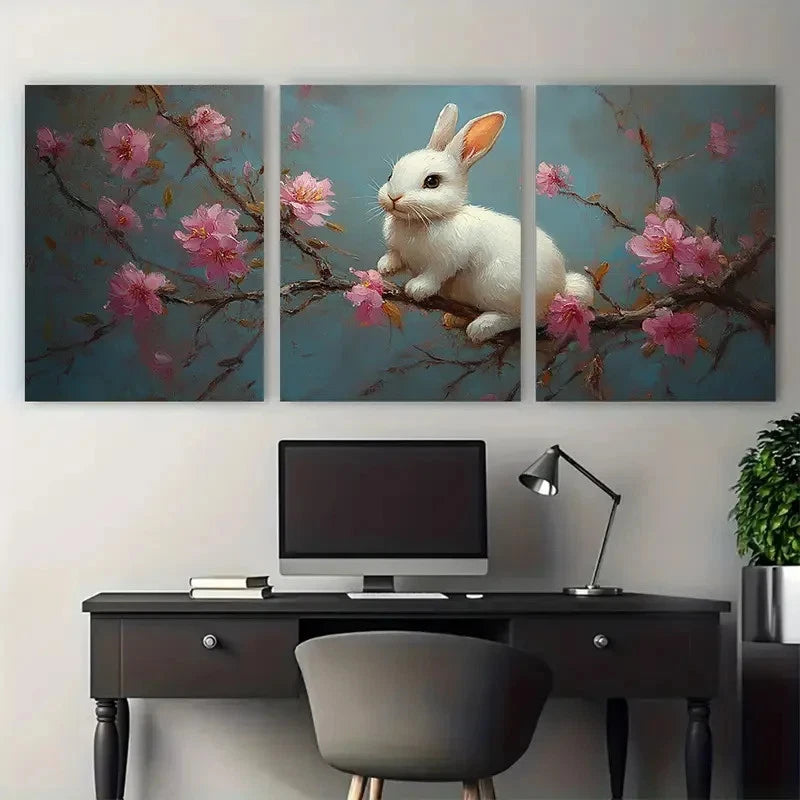 3pcs White Bunny on Branch with Pink Florals Metal Print Ready to Hang Art