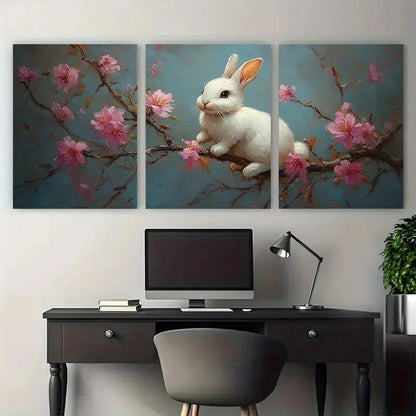 3pcs White Bunny on Branch with Pink Florals Metal Print Ready to Hang Art