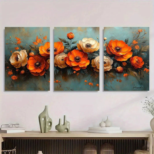 3pcs Elegant Floral Vibrant Orange White Flowers Metal Print Ready to Hang Art
