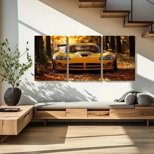3pcs Yellow Sports Car Art Painting Set Canvas Unframed - High Quality Print 100% Australian Made Wall Canvas