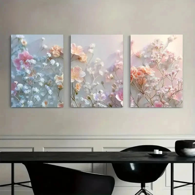 3pcs Colored Wallpaper with Flowers Painting Metal Print Ready to Hang Art