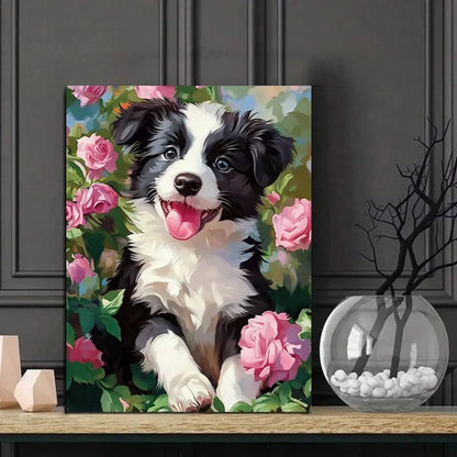 Collie Puppy Black and White Dog with Pink Roses 40x60cm Metal Print Ready to Hang