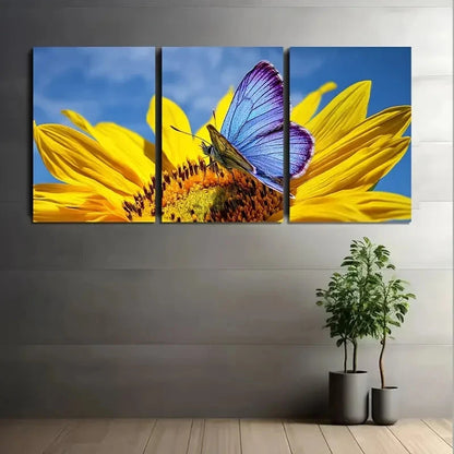 3pcs Butterfly On a Sunflower Nature Scene Metal Print Ready to Hang Art