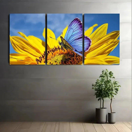 3pcs Butterfly On a Sunflower Nature Scene Metal Print Ready to Hang Art