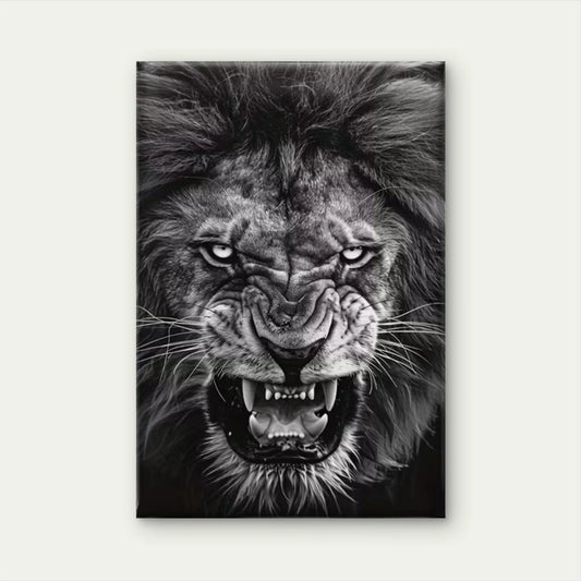 Fierce Black & White Lion Gaze 60x90cm Metal Print Ready to Hang