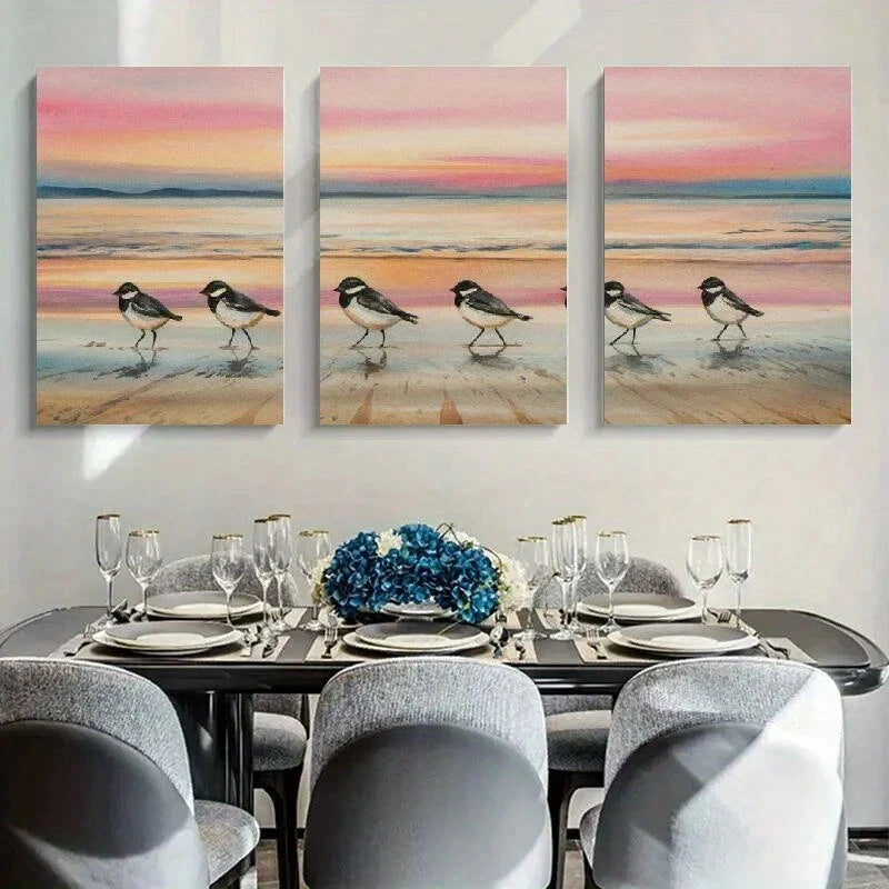 3pcs Coastal Bird Vibrant Orange Sand Beach Scene Metal Print Ready to Hang Art