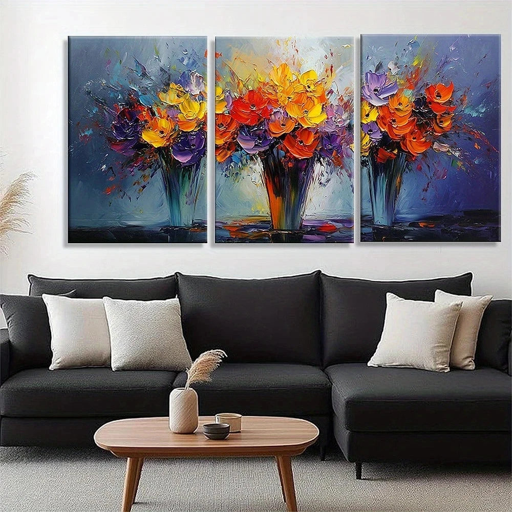 3pcs Vibrant Bouquet Colorful Oil Painting Metal Print Ready to Hang Art