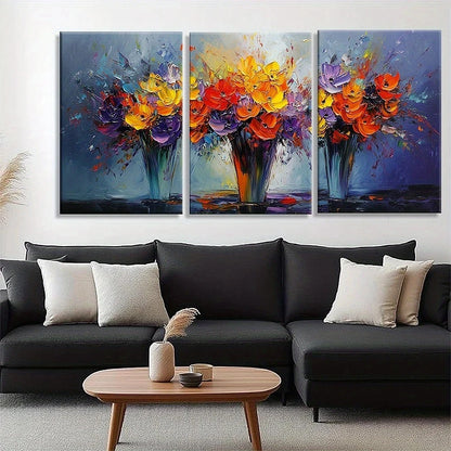 3pcs Vibrant Bouquet Colorful Oil Painting Metal Print Ready to Hang Art