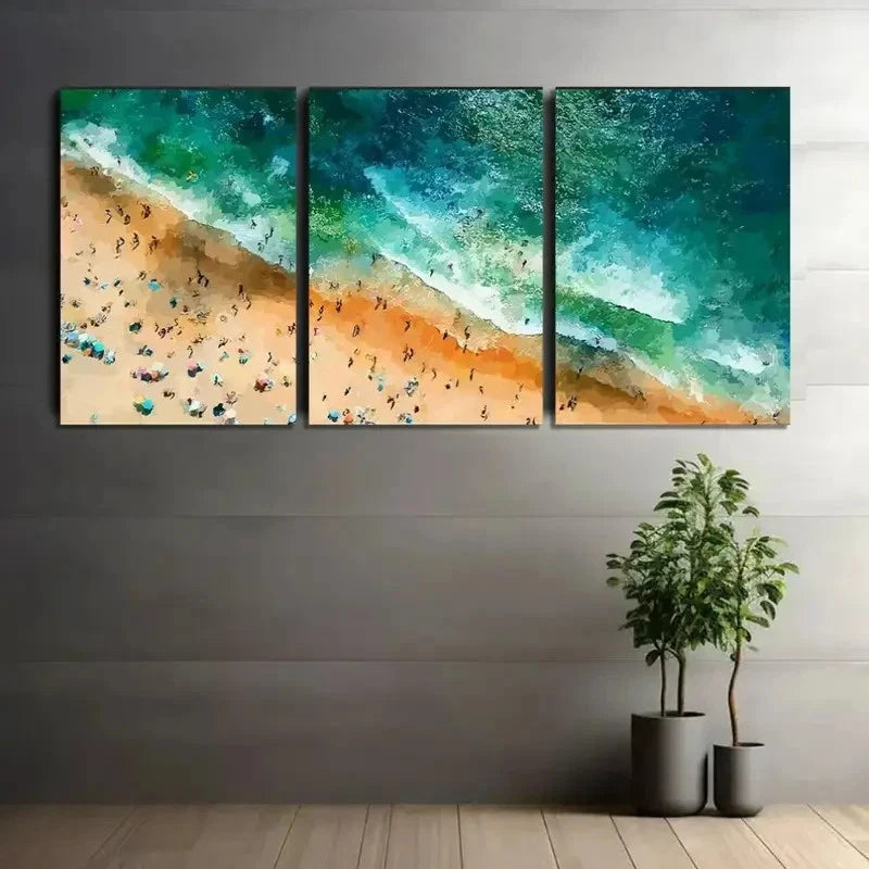 3pcs Crowded Beach with Green Seawater Poster Metal Print Ready to Hang Art