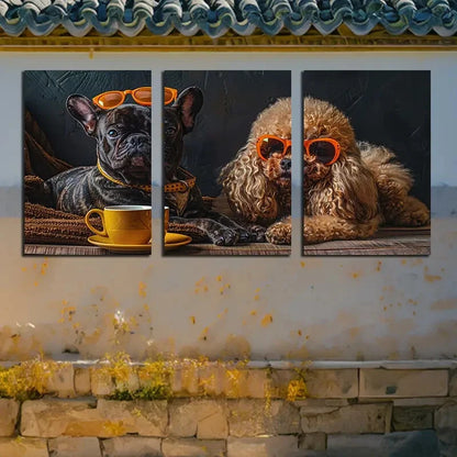 3pcs Poodle & French Bulldog with Glasses Metal Print Ready to Hang Art