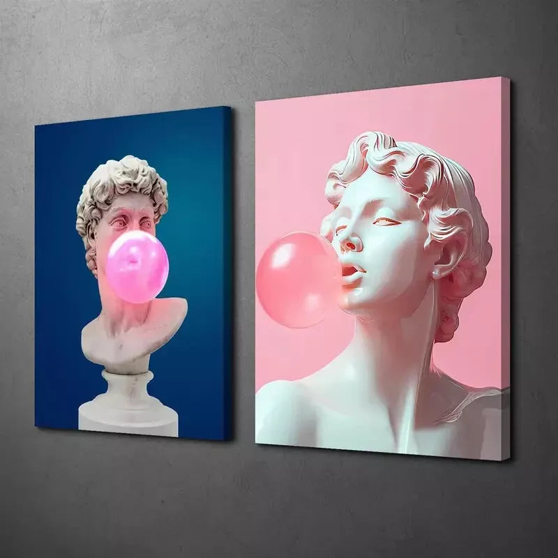 2pcs Whimsical David Bust & Pink Gum Bubbles Design Canvas Framed 50x75cm - High Quality Print 100% Australian Made Wall Canvas Ready to Hang