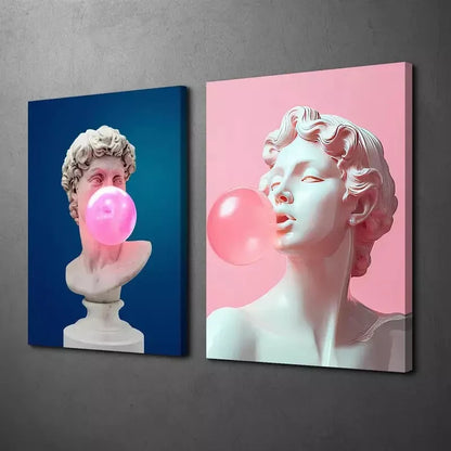 2pcs Whimsical David Bust & Pink Gum Bubbles Design Canvas Framed 50x75cm - High Quality Print 100% Australian Made Wall Canvas Ready to Hang
