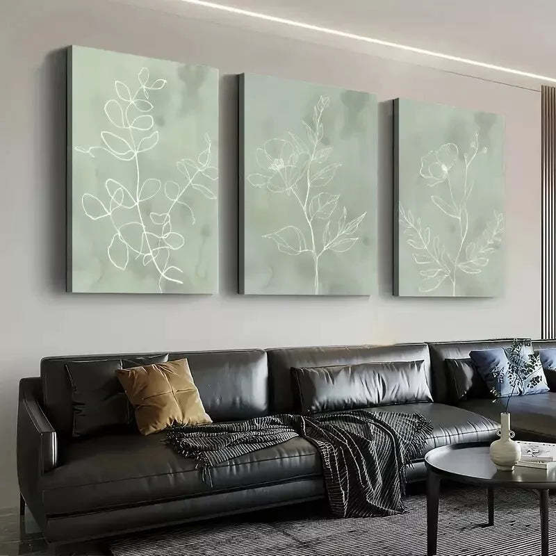 3pcs Minimalist Wind Green Natural White Plant Wall Art Set Canvas Framed 50x70cm - High Quality Print 100% Australian Made Wall Canvas Ready to Hang