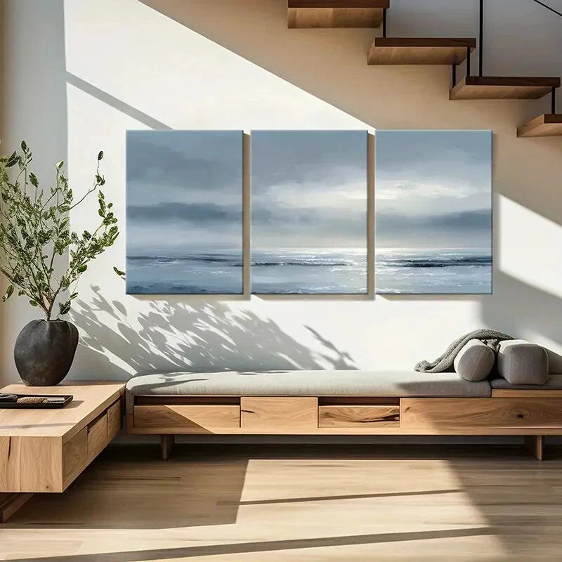 3pcs Abstract Ocean Waves Cloudy Sky Serene Metal Print Ready to Hang Art