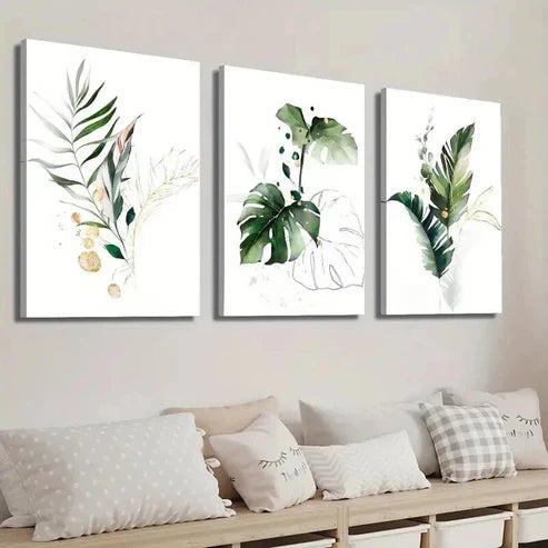 3pcs Green And Golden Fern Palm Tree Wall Art Set Canvas Unframed - High Quality Print 100% Australian Made Wall Canvas