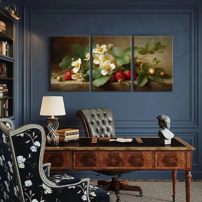 3pcs Strawberry Blossoms & White Flowers Metal Print Ready to Hang Art