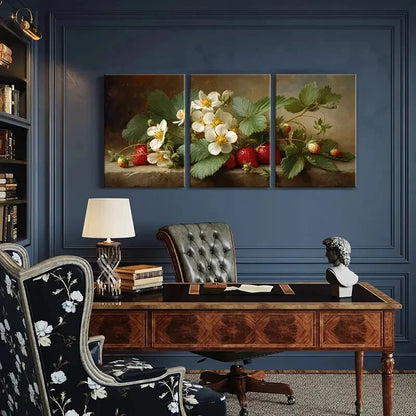 3pcs Strawberry Blossoms & White Flowers Metal Print Ready to Hang Art