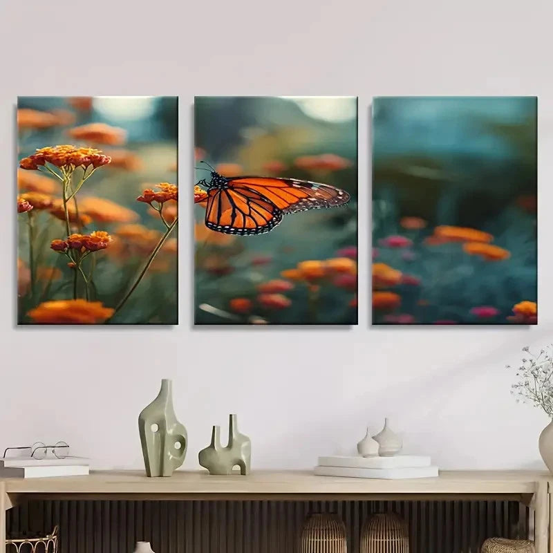 3pcs Orange Monarch Butterfly in a Flower Wall Art Set Canvas Framed 50x70cm - High Quality Print 100% Australian Made Wall Canvas Ready to Hang