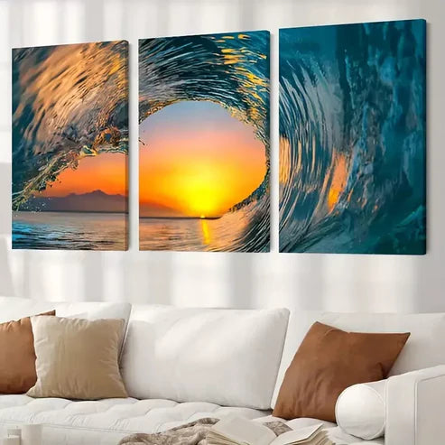 3pcs Ocean Great Wave Surfing and Sunset Canvas Framed 60x90cm - High Quality Print 100% Australian Made Wall Canvas Ready to Hang