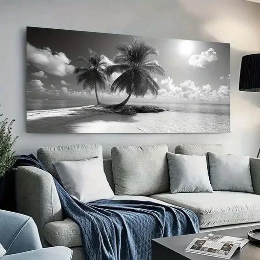 Black & White Beach Island wall canvas office home room framed 120x60cm - Bella Home Decor