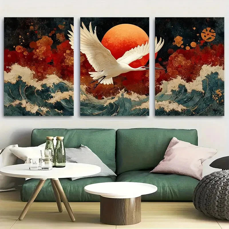 3pcs Traditional Japanese Hokusai Waves and Crane Metal Print Ready to Hang Art