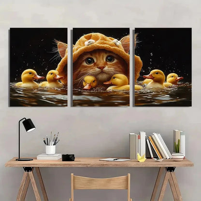 3pcs Adorable Cat Lion Hat Ducks Wall Art Set Canvas Framed 60x90cm - High Quality Print 100% Australian Made Wall Canvas Ready to Hang