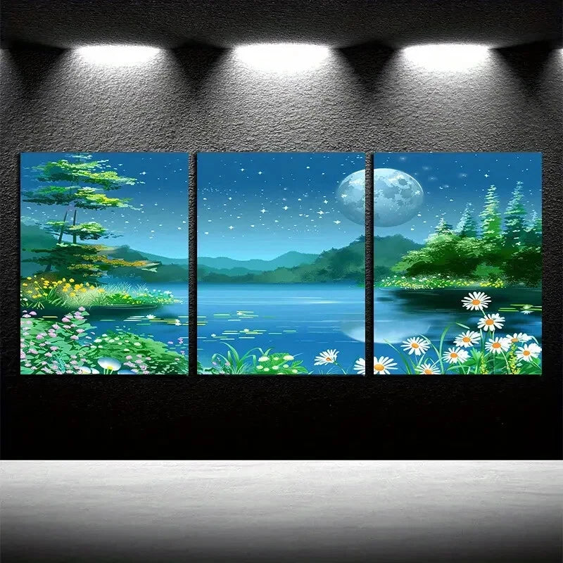 3pcs Vibrant Fantastic Forest with Moon Landscape Metal Print Ready to Hang Art