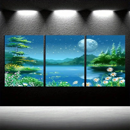 3pcs Vibrant Fantastic Forest with Moon Landscape Metal Print Ready to Hang Art