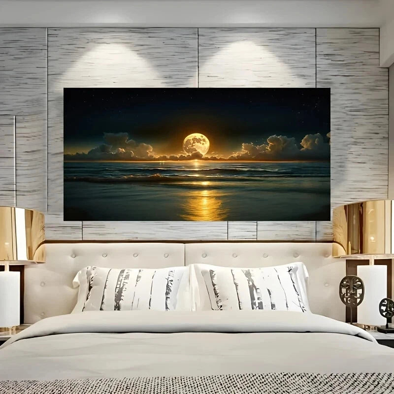 Moonlit Beac wall canvas office home room framed 120x60cm