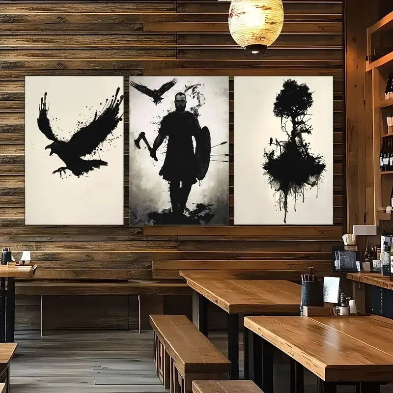 3pcs Japanese Art Samurai with Shield Crow Tree Metal Print Ready to Hang Art