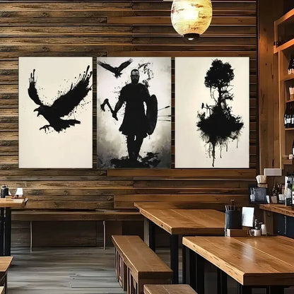 3pcs Japanese Art Samurai with Shield Crow Tree Metal Print Ready to Hang Art