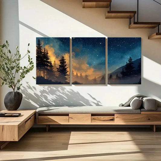 3pcs Starry Night Forest Landscape with Pine Trees Metal Print Ready to Hang Art