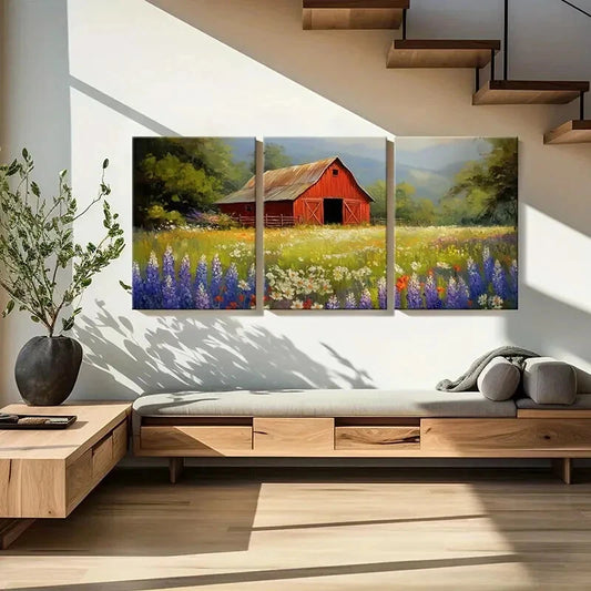 3pcs Red Barn Floral Meadow Mountain Landscape Metal Print Ready to Hang Art