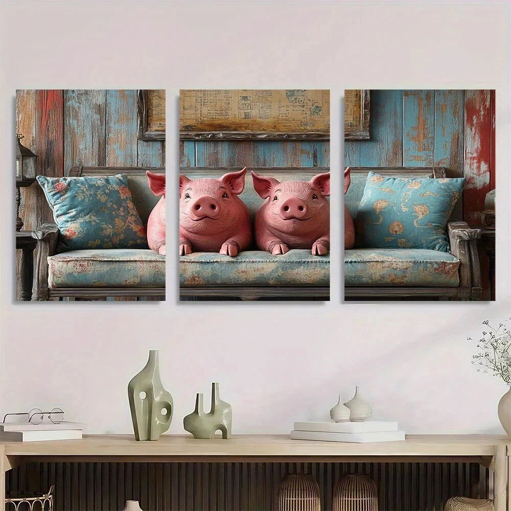 3pcs Vintage Pink Pig Floral Accents Metal Print Ready to Hang Art