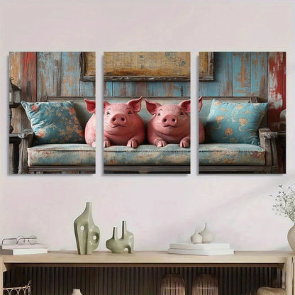 3pcs Vintage Pink Pig Floral Accents Metal Print Ready to Hang Art