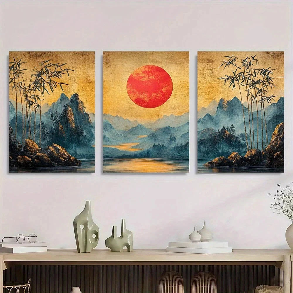 3pcs Abstract Bamboo Golden and Gray Tone Metal Print Ready to Hang Art
