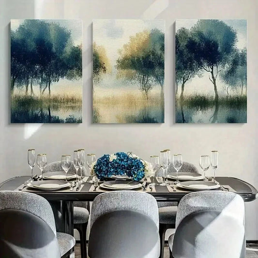 3pcs Trees Water Sky Classic Style Metal Print Ready to Hang Art