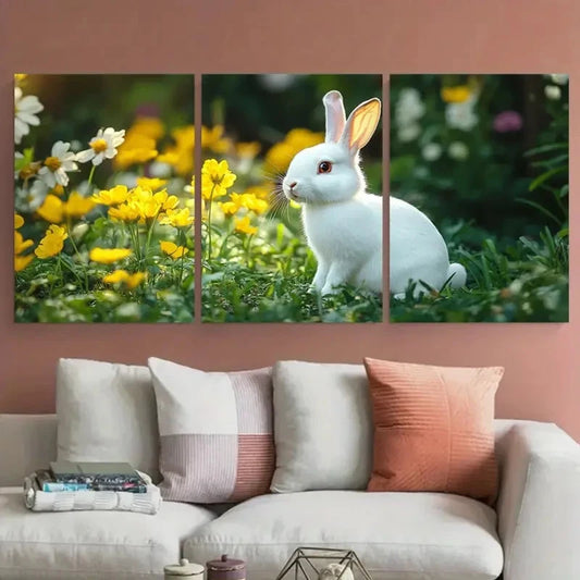 3pcs Charming White Bunny Spring Floral Wall Art Set Canvas Framed 40x60cm - High Quality Print 100% Australian Made Wall Canvas Ready to Hang