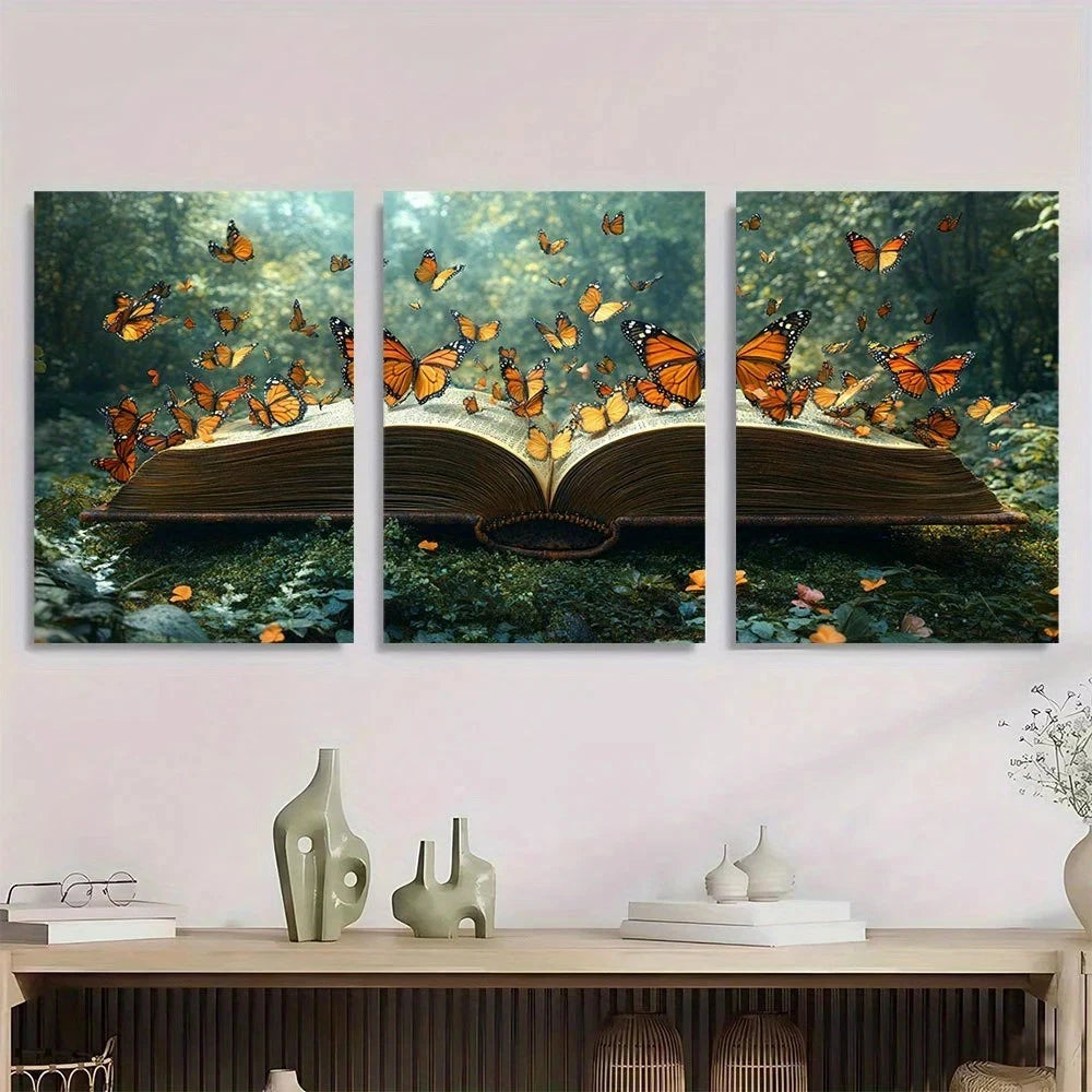 3pcs Forest Open Book Butterflies Metal Print Ready to Hang Art