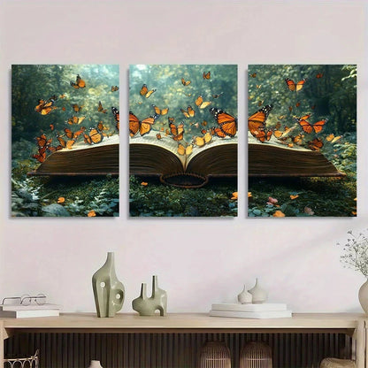 3pcs Forest Open Book Butterflies Metal Print Ready to Hang Art