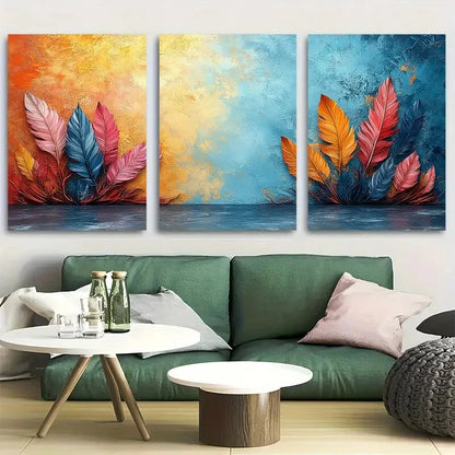 3pcs Vibrant Rustic Bohemian Feather Metal Print Ready to Hang Art