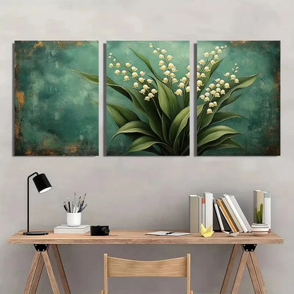 3pcs Green Rustic Vintage Lily of the Valley Wall Art Set Canvas Framed 40x60cm - High Quality Print 100% Australian Made Wall Canvas Ready to Hang