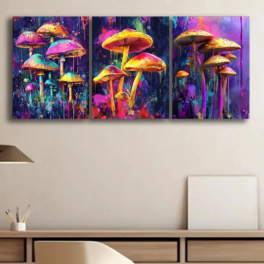 3pcs Dazzling Mushrooms Painting Metal Print Ready to Hang Art