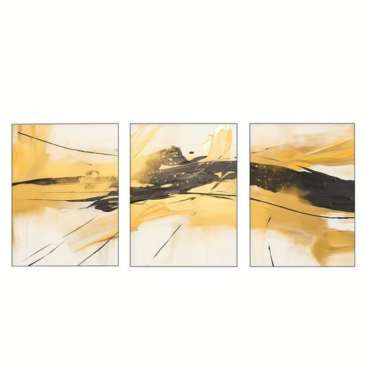3pcs Abstract Black and Golden Color  Wall Art Set Canvas Framed 60x90cm - High Quality Print 100% Australian Made Wall Canvas Ready to Hang