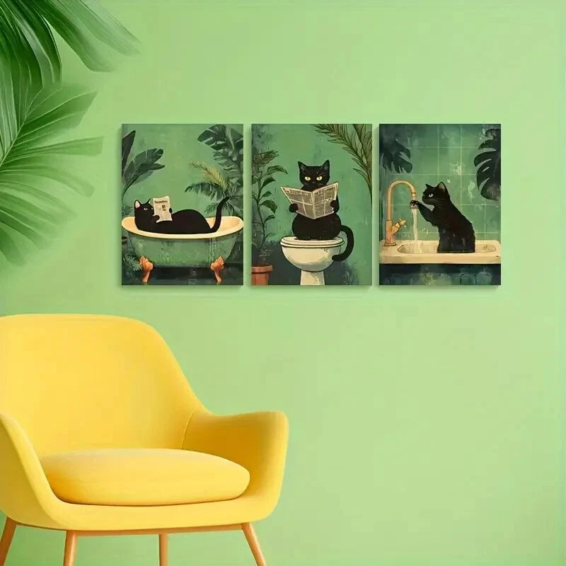 3pcs Vintage-Inspired Whimsical Black Cat Metal Print Ready to Hang Art