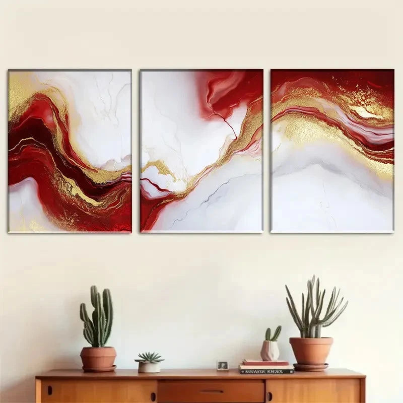 3pcs Abstract Red and Golden Wall Art Set Metal Print Ready to Hang Art