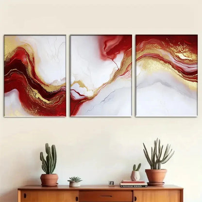 3pcs Abstract Red and Golden Wall Art Set Metal Print Ready to Hang Art