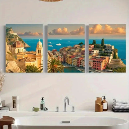 3pcs Vibrant Beach & Yacht Scene with Orange Roofs Metal Print Ready to Hang Art