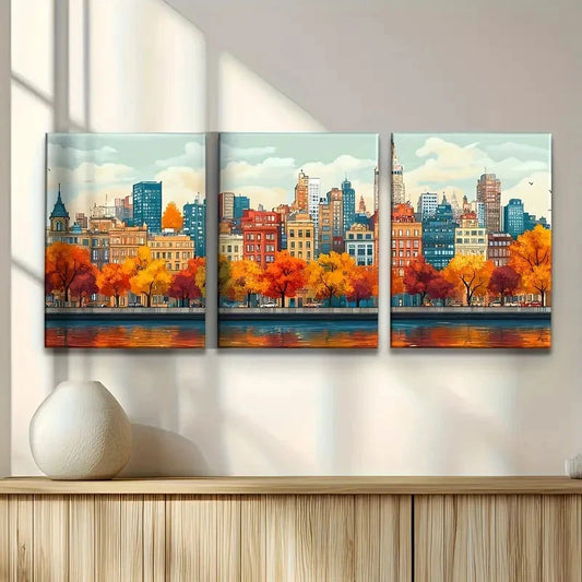 3pcs Autumn River & Skyline Views Metal Print Ready to Hang Art